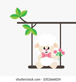 cartoon cute sheep with tie and flowers on a swing and on a branch