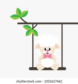 cartoon cute sheep with tie on a swing and on a branch