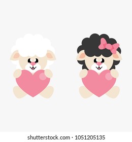 cartoon cute sheep white boy and black girl sitting with heart