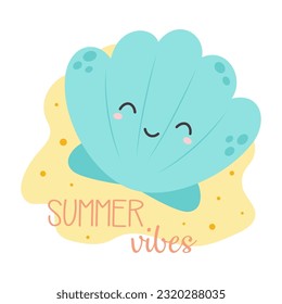 cartoon cute shell, vector sea animal in flat style, summer card with funny shell character