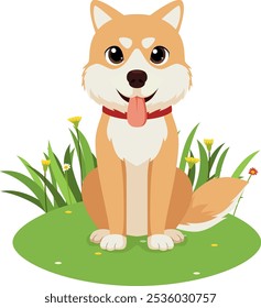 A cartoon cute shiba inu dog cartoon sitting on grassland