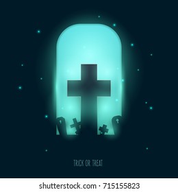 Cartoon cute shine silhouette cemetery with graves. Background for halloween party in paper cut trendy craft style. Vector illustration concept for design cover, poster, greeting card.