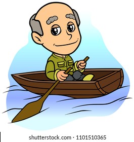 Cartoon cute sitting old smiling man character in wooden brown rowboat with two oars on water. On blue background. Vector icon.