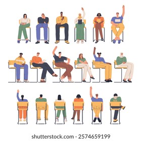 Cartoon cute sitting people. Guys and girls on chairs from different angles, students at lecture pull their hands, young persons, vector set