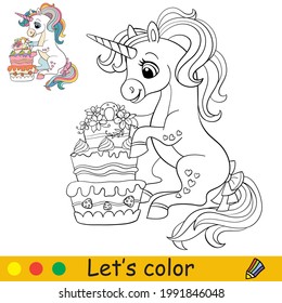 Cartoon cute sitting unicorn with cake. Coloring book page with colorful template for kids. Vector isolated illustration. For coloring book, print, game, education, party, design, decor, apparel