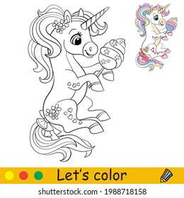 Cartoon cute sitting unicorn with cotton candy. Coloring book page with colorful template for kids. Vector isolated illustration. For coloring book, print, game, education, party,design,decor, appare