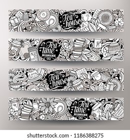 Cartoon cute sketchy line art vector hand drawn doodles Tea corporate identity set. 4 horizontal banners design 