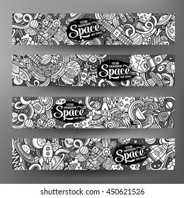 Cartoon cute sketchy line art vector hand drawn doodles space corporate identity set. 4 horizontal banners design