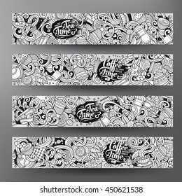 Cartoon cute sketchy line art vector hand drawn doodles cafe corporate identity set. 4 horizontal banners design