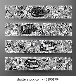 Cartoon cute sketchy line art vector hand drawn doodles hand made corporate identity set. 4 horizontal banners design