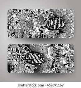 Cartoon cute sketchy line art vector hand drawn doodles hand made corporate identity set. 2 horizontal banners design