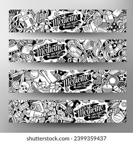 Cartoon cute sketchy vector doodles Medicine corporate identity. 4 horizontal banners design. Templates set