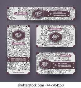 Cartoon cute sketchy vector hand drawn doodles art corporate identity set. Templates design of banners, id cards, flyer
