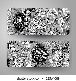Cartoon cute sketchy vector hand drawn doodles italian food corporate identity. 2 horizontal line art banners design. Templates set