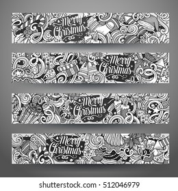 Cartoon cute sketchy vector hand drawn doodles New Year season corporate identity. 4 horizontal banners design. Templates set
