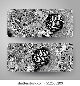 Cartoon cute sketchy vector hand drawn doodles Hair salon corporate identity. 2 horizontal banners design. Templates set