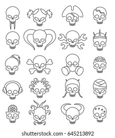 Cartoon cute skull linear icon set. Vector line skulls signs, death face with bones