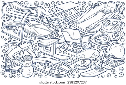 Cartoon cute sledge doodle hand drawn children's entertainment illustration. Funny outdoor games artwork.Winter amusement line art vector background. Not AI