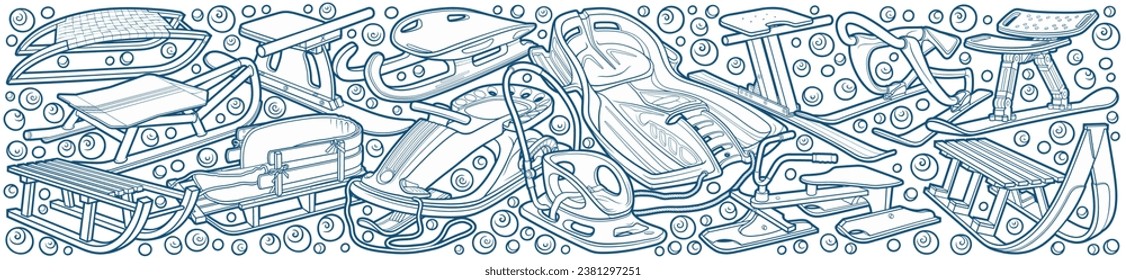 Cartoon cute sledge doodle hand drawn children's entertainment illustration. Funny outdoor games artwork.Winter amusement line art vector background. Not AI