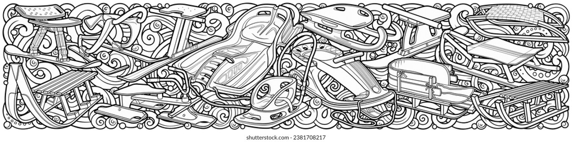 Cartoon cute sledge doodle hand drawn children's entertainment illustration. Funny outdoor games artwork.Winter amusement line art vector background. Not AI