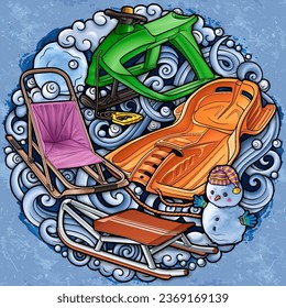 Cartoon cute sledge and snowman doodle hand drawn children's entertainment illustration. Funny outdoor games artwork.Winter amusement vector background. 
