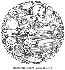 Cartoon cute sledge and snowman doodle hand drawn children's entertainment illustration. Funny outdoor games artwork.Winter amusement line art vector background. 