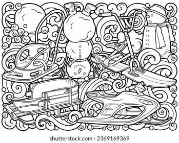Cartoon cute sledge and snowman doodle hand drawn children's entertainment illustration. Funny outdoor games artwork.Winter amusement line art vector background. 