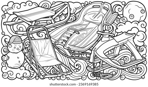 Cartoon cute sledge and snowman doodle hand drawn children's entertainment illustration. Funny outdoor games artwork.Winter amusement line art vector background. 