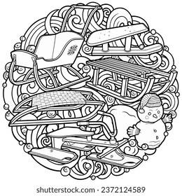 Cartoon cute sledge and snowman doodle children's entertainment illustration. Funny outdoor games artwork.Winter amusement line art vector background. Hand drawn, not AI