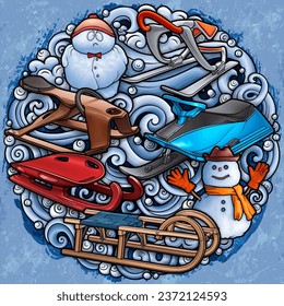 Cartoon cute sledge and snowman doodle children's entertainment illustration. Funny outdoor games artwork.Winter amusement vector background. Hand-drawn, not AI