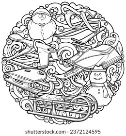 Cartoon cute sledge and snowman doodle children's entertainment illustration. Funny outdoor games artwork.Winter amusement line art vector background. Hand drawn, not AI