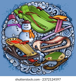 Cartoon cute sledge and snowman doodle children's entertainment illustration. Funny outdoor games artwork.Winter amusement vector background. Hand-drawn, not AI
