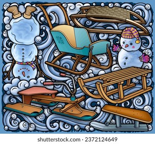 Cartoon cute sledge and snowman doodle children's entertainment illustration. Funny outdoor games artwork.Winter amusement vector background. Hand-drawn, not AI