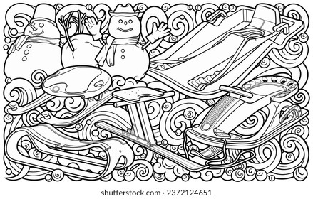 Cartoon cute sledge and snowman doodle children's entertainment illustration. Funny outdoor games artwork.Winter amusement line art vector background. Hand drawn, not AI