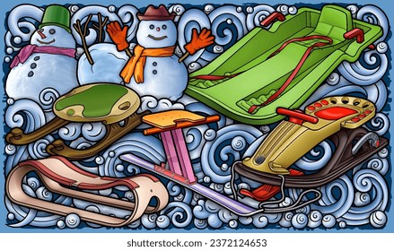 Cartoon cute sledge and snowman doodle children's entertainment illustration. Funny outdoor games artwork.Winter amusement vector background. Hand-drawn, not AI