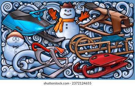 Cartoon cute sledge and snowman doodle children's entertainment illustration. Funny outdoor games artwork.Winter amusement vector background. Hand-drawn, not AI
