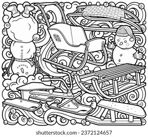 Cartoon cute sledge and snowman doodle children's entertainment illustration. Funny outdoor games artwork.Winter amusement line art vector background. Hand drawn, not AI