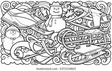 Cartoon cute sledge and snowman doodle hand drawn children's entertainment illustration. Funny outdoor games artwork.Winter amusement line art vector background. Not AI