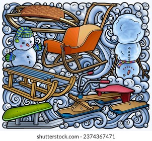 Cartoon cute sledge and snowman doodle children's entertainment illustration. Funny outdoor games artwork.Winter amusement vector background. Hand-drawn, not AI