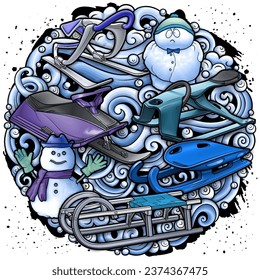 Cartoon cute sledge and snowman doodle children's entertainment illustration. Funny outdoor games artwork.Winter amusement vector background. Hand-drawn, not AI