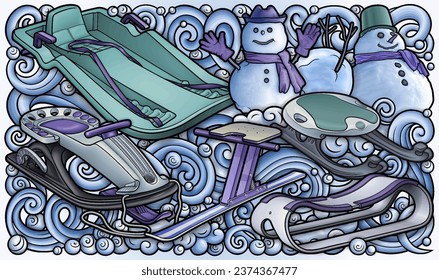 Cartoon cute sledge and snowman doodle children's entertainment illustration. Funny outdoor games artwork.Winter amusement vector background. Hand-drawn, not AI