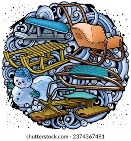 Cartoon cute sledge and snowman doodle children's entertainment illustration. Funny outdoor games artwork.Winter amusement vector background. Hand-drawn, not AI