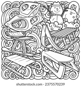 Cartoon cute sledge and snowman doodle hand drawn children's entertainment illustration. Funny outdoor games artwork.Winter amusement line art vector background. Not AI