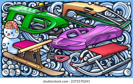 Cartoon cute sledge and snowman doodle children's entertainment illustration. Funny outdoor games artwork.Winter amusement vector background. Hand-drawn, not AI