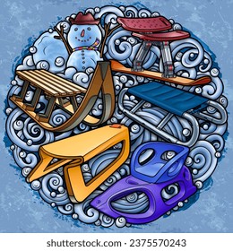Cartoon cute sledge and snowman doodle children's entertainment illustration. Funny outdoor games artwork.Winter amusement vector background. Hand-drawn, not AI