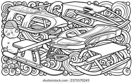 Cartoon cute sledge and snowman doodle hand drawn children's entertainment illustration. Funny outdoor games artwork.Winter amusement line art vector background. Not AI