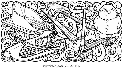 Cartoon cute sledge and snowman doodle hand drawn children's entertainment illustration. Funny outdoor games artwork.Winter amusement line art vector background. Not AI