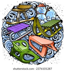 Cartoon cute sledge and snowman doodle children's entertainment illustration. Funny outdoor games artwork.Winter amusement vector background. Hand-drawn, not AI