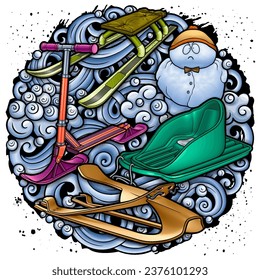 Cartoon cute sledge and snowman doodle children's entertainment illustration. Funny outdoor games artwork.Winter amusement vector background. Hand-drawn, not AI