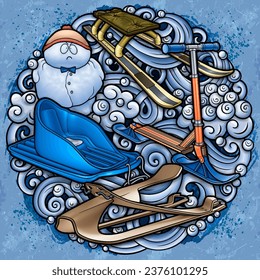 Cartoon cute sledge and snowman doodle children's entertainment illustration. Funny outdoor games artwork.Winter amusement vector background. Hand-drawn, not AI